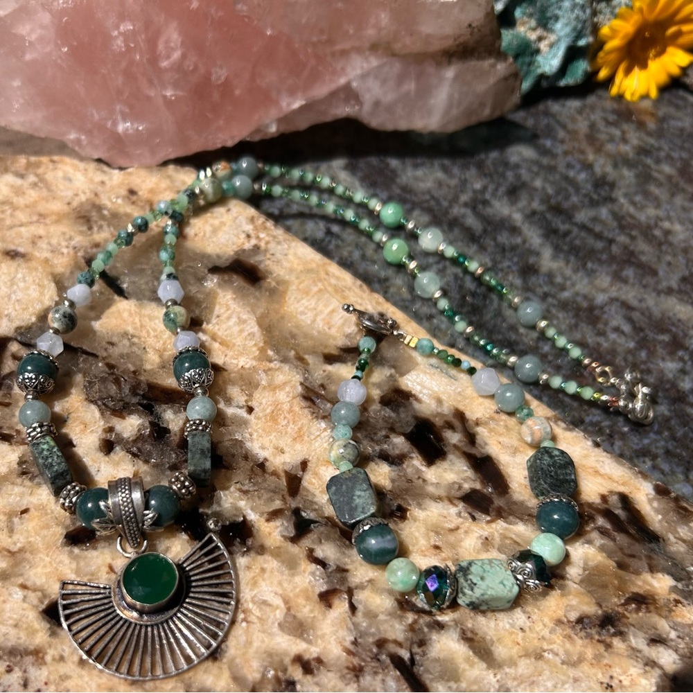 Green agate, Burmese jade, Swarovski Beaded Jewelry Set